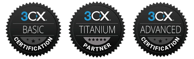 Abbildung der 3CX Abzeichen (Basic, Platinum, Advanced)